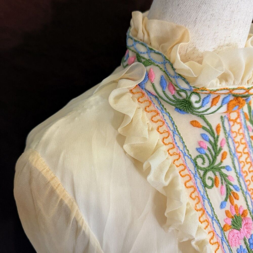 Vintage Prairie Maxi Dress S Embroidered Floral Sheer Sleeves Boho Cottagecore - Picture 4 of 13